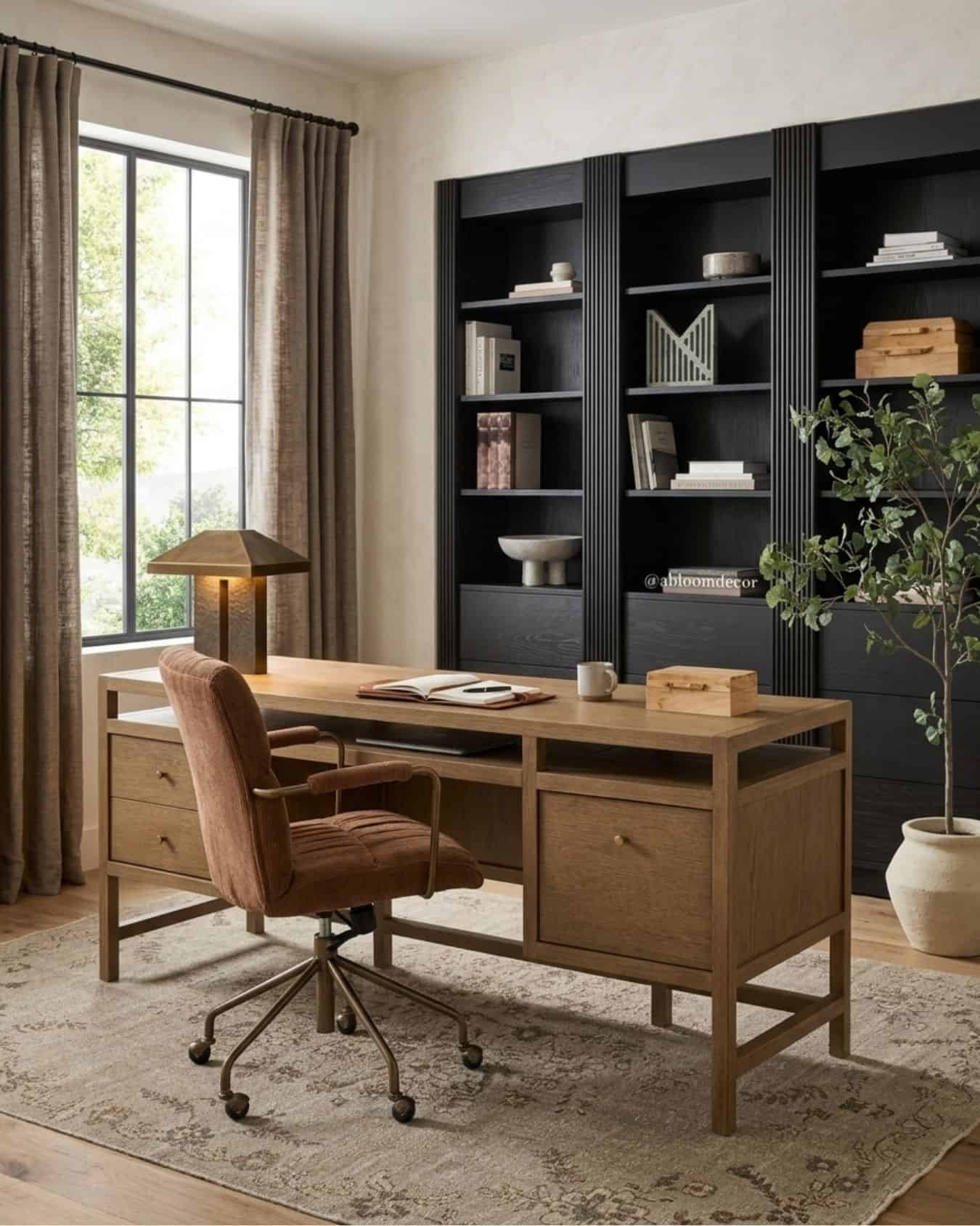 Cozy moody home office design with bold black bookcases and a wooden desk.

The mood board features furniture & decor from Crate & Barrel. The mockup is an approximation of how this mood board design could look in a home.

#LTKHome