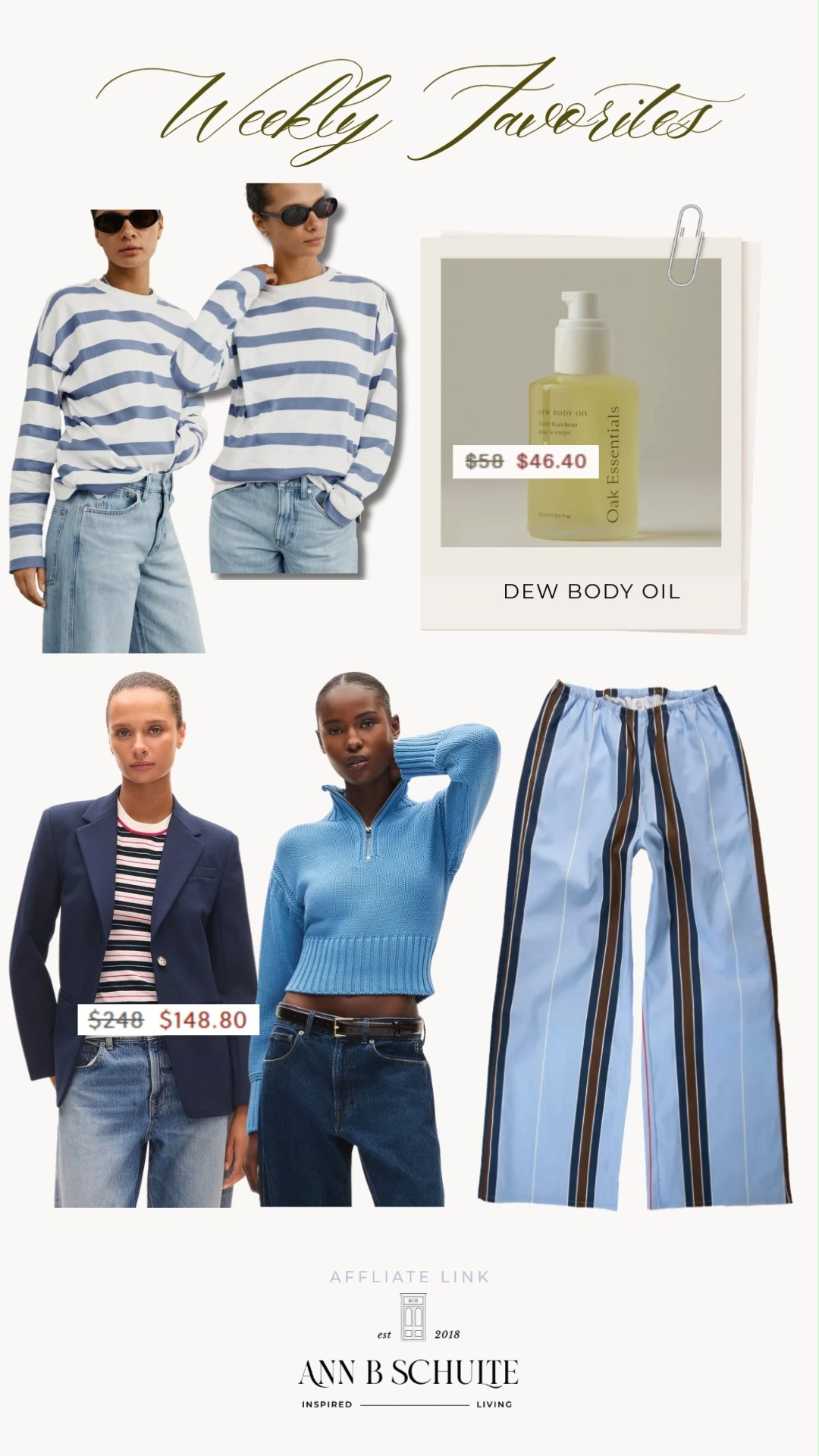 This week’s favorites are giving effortless cool with a little polished edge. 🤎 From classic blue-and-white stripes and relaxed jeans to a tailored blazer, cozy blue knit, statement striped pants, and a luxe body oil, these are the kind of pieces that make everyday style feel anything but basic. ✨🩵🛍️

#WeeklyFavorites #CasualChic #EverydayStyle #StripedOutfit #DenimStyle #BlazerStyle #SummerFashion #WardrobeEssentials 

 #LTKootd #LTKSaleAlert