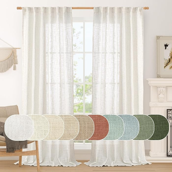 LAMIT - Cortinas de lino texturizadas, con pestaña trasera y bolsillo para barra, filtran la luz... | Amazon (US)