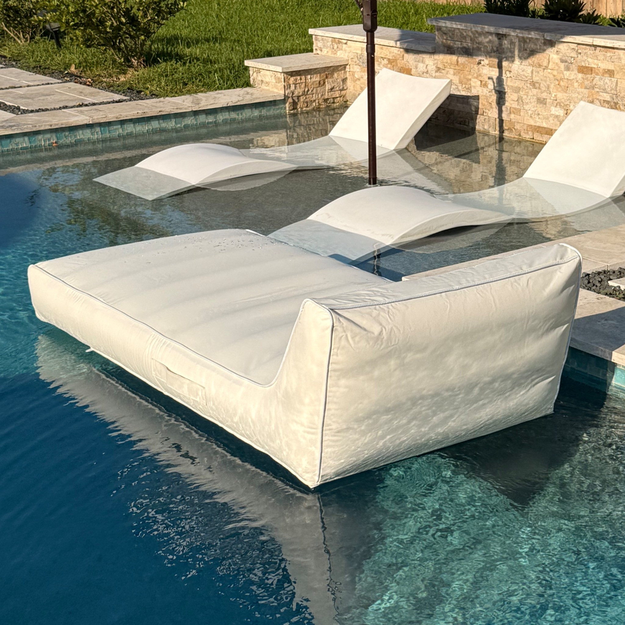 A little pricey but I use it sooo much! It is such a good quality floating daybed. I lay on it for hours at a time! So comfy! It does have a fabric caution tag you need to cut off that’s not shown in the picture. Not difficult to do!