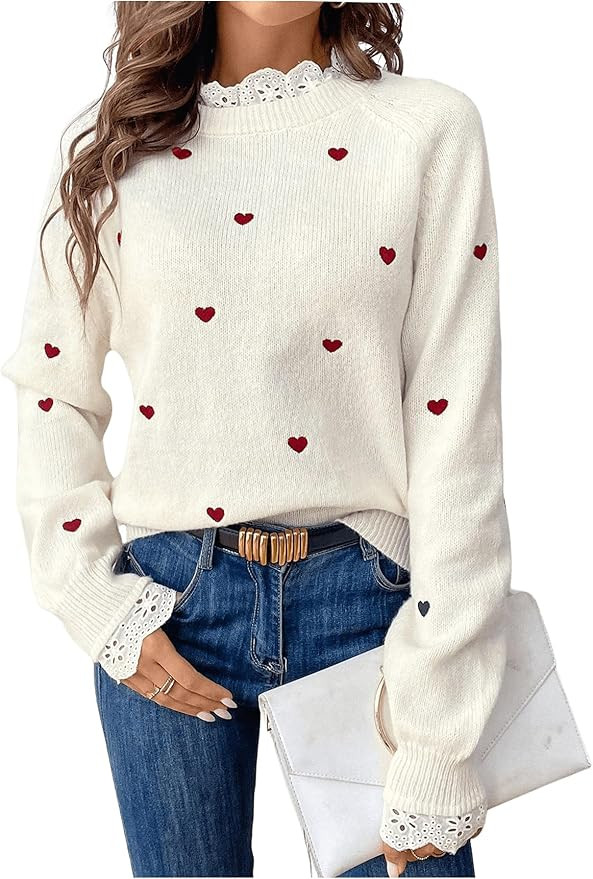 GORGLITTER Women's Heart Lace Valentine Patchwork Pullover Sweater Embellished Long Sleeve Cute K... | Amazon (US)