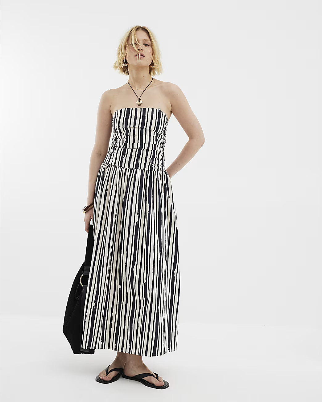 Stone Stripe Pleated Bandeau Midi Dress | River Island UK & IE
