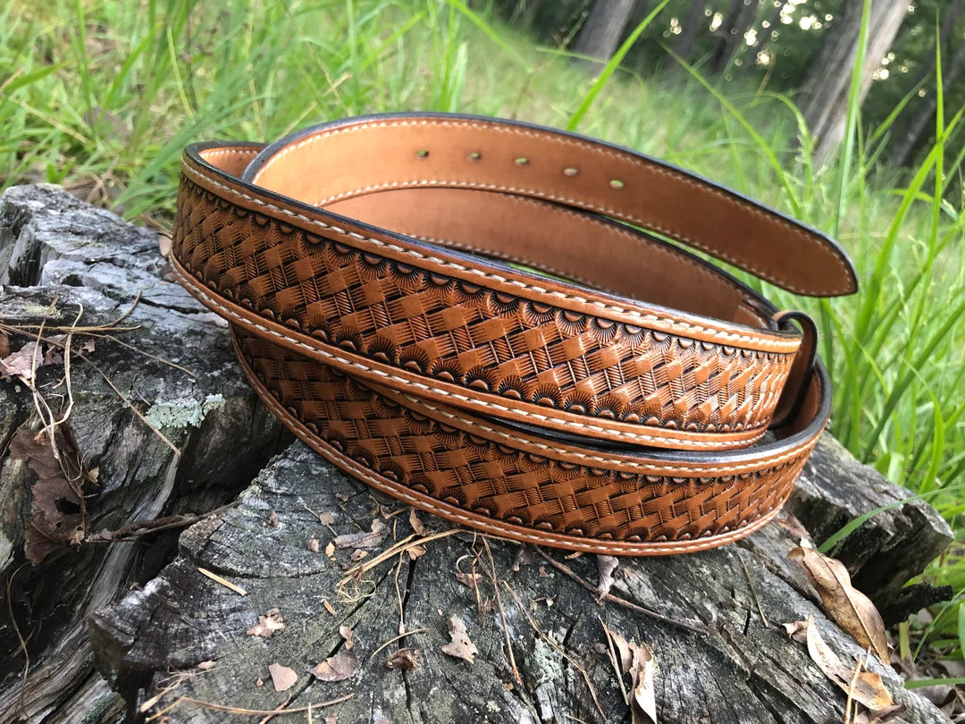 Custom Leather Basketweave Stamped Leather Belt - Etsy | Etsy (US)