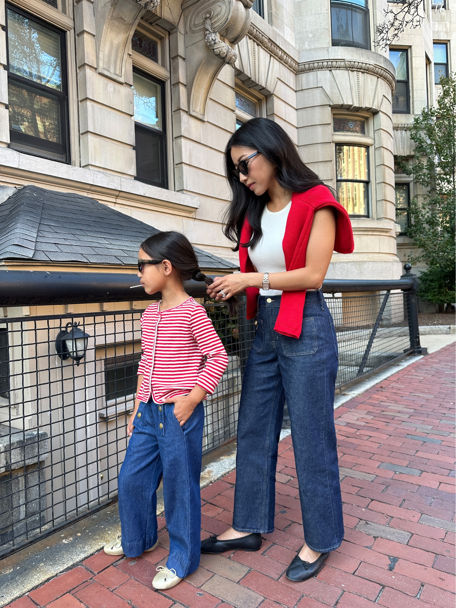 On me: 
•jcrew Slim wide jeans in resin rinse sz 24 petite. 

These have the cute sailor pockets, but the ones without sailor pockets (linked) would honestly be more versatile for me! The sailor pockets are great with a simple top or sweater, but I’ve noticed that many of my jackets and sweaters have front pockets and I prefer to pair those with bottoms with more subtle pockets. 

Resin rinse is a beautiful classic dark wash and this cut is one of jcrews best options for petites - straight cut without being too wide. 

I also tried the corduroy version linked and it was soft and comfortable and wearable with flats 

•My red sweater is an older J.Crew style, I linked a similar current option 
•Zoe ballet flats sz 5.5. I’ve had these for a few years now
•Cat eye sunglasses . Also a style that I’ve owned for years! Very retro chic 

On Nori:
•Striped cardigan top sz S, note this is lightweight and thinner 
•Girls sailor jeans sz 5. Slightly stretch waist in the back and snap front closure 
•similar flats linked. I’ve bought the jcrew girls flats in silver and she likes them

@jcrew #ad #injcrew

#LTKSeasonal #LTKkids #LTKworkwear