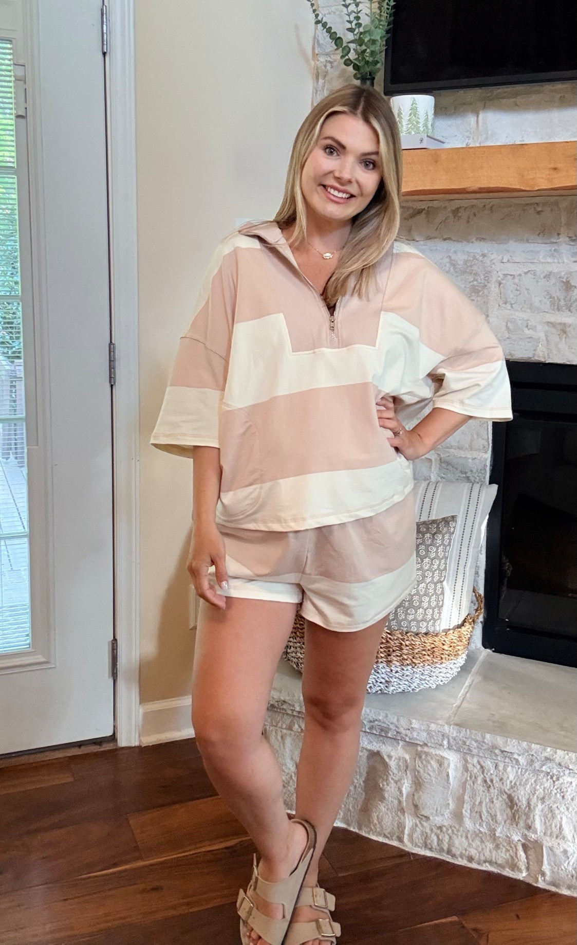 Amazon women’s fashion 

Womens 2 Piece Outfits Summer Striped Lounge Set Two Piece Matching Workout Sets Oversized Short Sets Tracksuits
Neutral collared top with stretchy shorts 

Cute bump friendly outfit!
I sized up to a medium from my pre-pregnancy size  

#LTKBump #LTKPetite #LTKmomlife