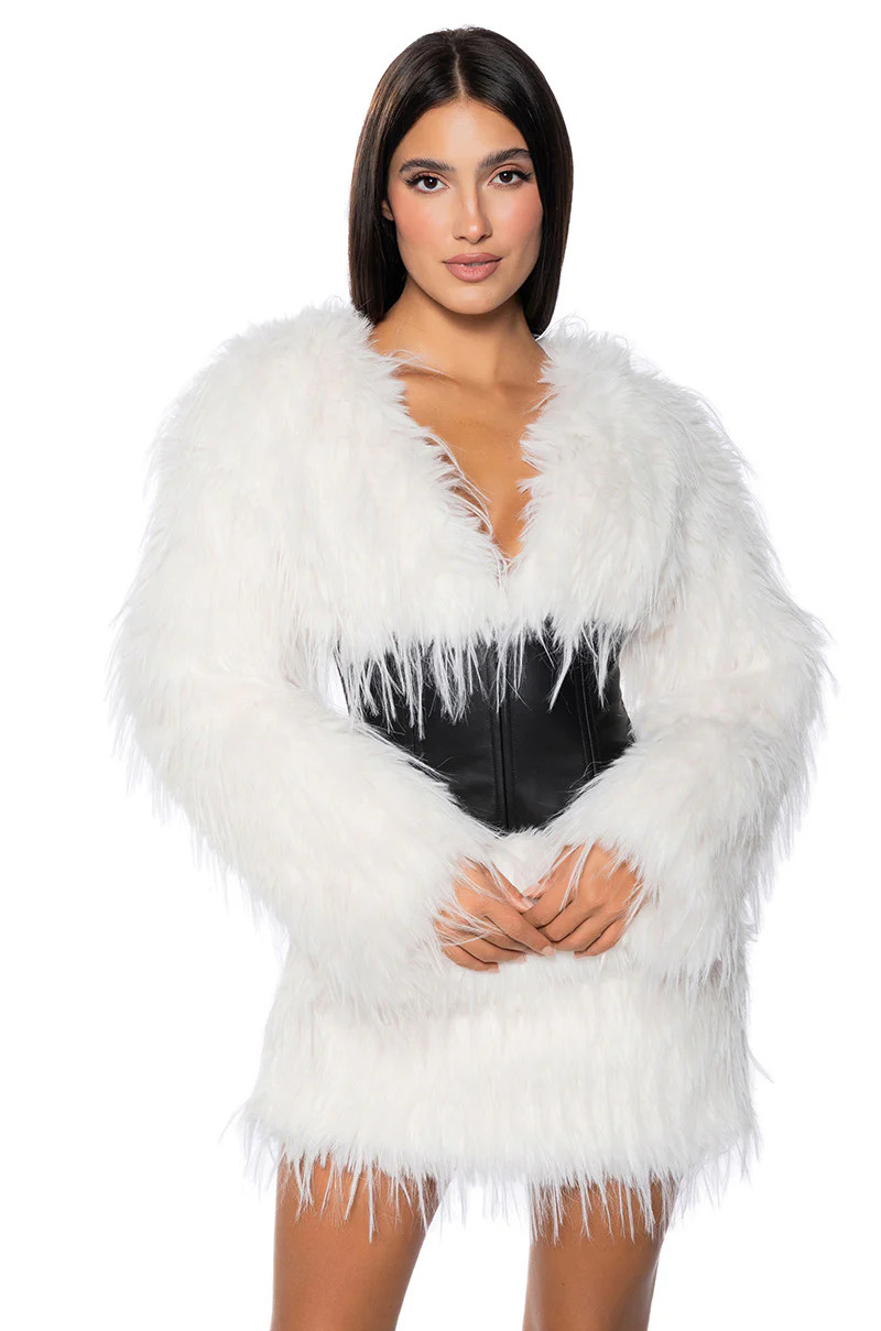 CAMREN FAUX FUR CORSET WAIST MINI DRESS | AKIRA