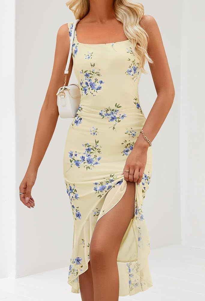 MEROKEETY Women's 2026 Summer Floral Bodycon Dress Square Neck Sleeveless Ruffle Cocktail Mesh Be... | Amazon (US)