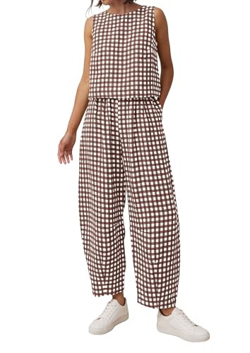 PRETTYGARDEN Womens 2 Piece Sets 2026 Summer Plaid Sleeveless Tops Wide Leg Pants Matching Lounge... | Amazon (US)
