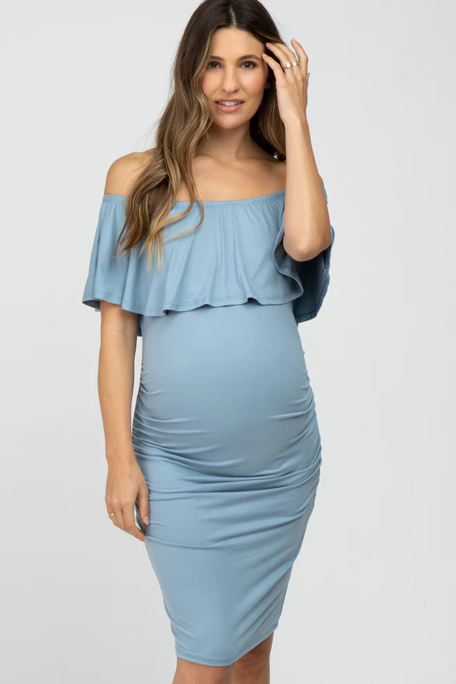 Light Blue Off Shoulder Fitted Maternity Dress | PinkBlush Maternity