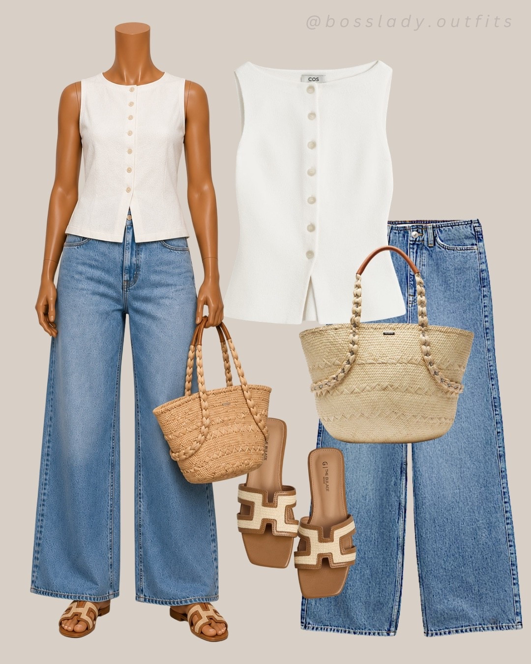 This white top and jeans combo is giving effortless summer

Tags: white button front vest, sleeveless white top, wide leg denim jeans, straw woven tote bag, brown and cream flat sandals, casual outfit idea, everyday outfit, simple outfit inspo, summer outfit, travel outfit, airport outfit

#LTKshoes #LTKstyletip #LTKsummer
