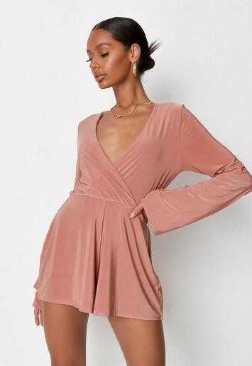 Rose Trumpet Sleeve Wrap Slinky Romper | Missguided (US & CA)