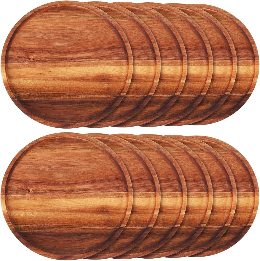 Rtteri 12 Pieces Acacia Wood Dinner Plates 9.8 Inch Round Wood Dishes Wooden Charger Serving Tray... | Amazon (US)