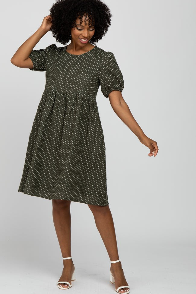 Olive Square Dot Puff Sleeve Babydoll Maternity Dress | PinkBlush Maternity