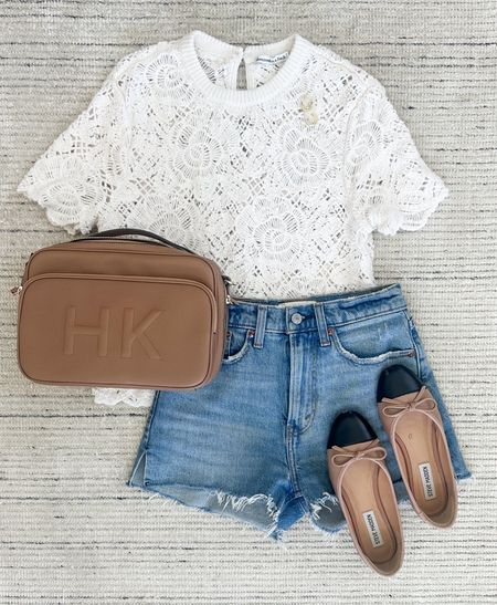 Summer outfit with mom Jean shorts paired with white lacy tee and flats for a chic look! Perfect for summer outfits, lunches and date nights. Super flattering on 

#LTKSeasonal #LTKStyleTip