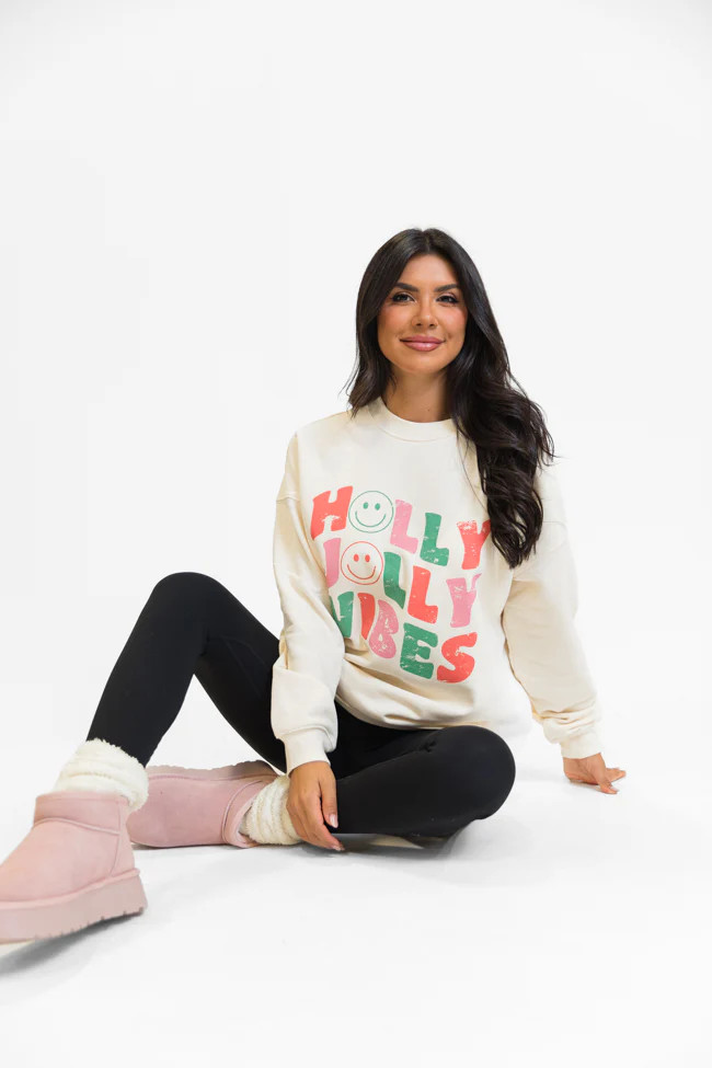 Holly Jolly Vibes Cream Oversized Graphic Sweatshirt | Pink Lily