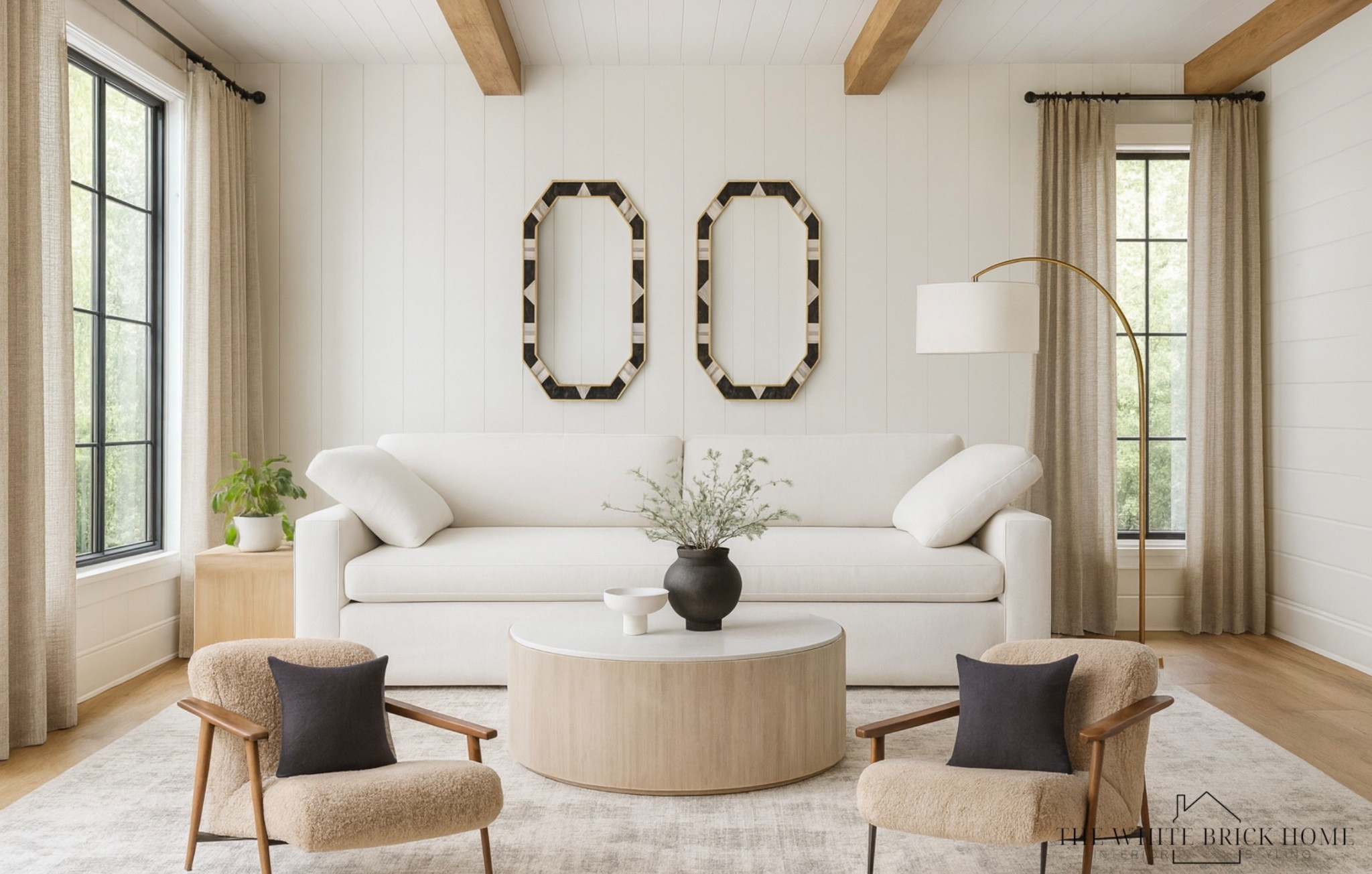 This living room design blends crisp white shiplap, soft textures, and clean white oak beams to create a bright, elevated space. 

🖤🖤
Living room, living room design, living room decor, living room ideas, wall mirror, coffee table, area rug, chair, accent chair, sofa, couch, lamp, floor lamp, vase, side table, accent decor, home decor, home design, living room design, living room decor ideas, wall mirror modern, throw pillows, modern traditional living room, crate and barrel living room, pottery barn, cb2 


#LTKSeasonal #LTKHome #LTKSaleAlert
