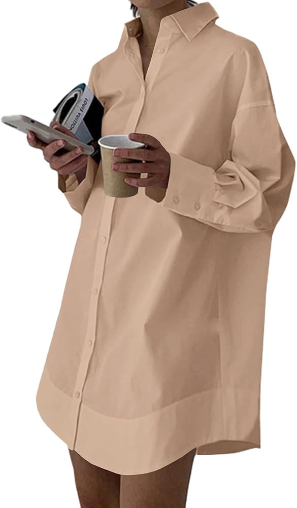 LYANER Women's Casual Shirt Dress Collar V Neck Button Down Loose Long Sleeve Mini Dresses | Amazon (US)