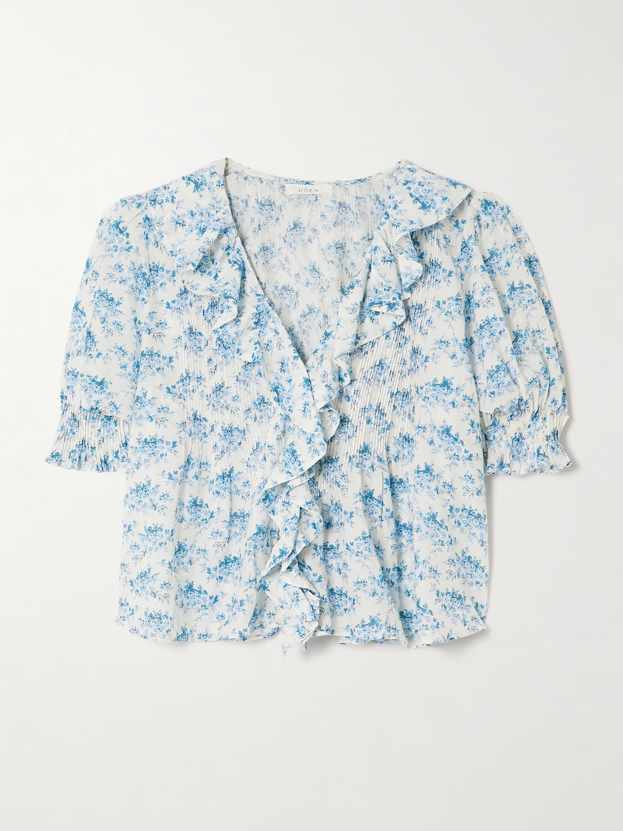 DÔEN - Henri Ruffled Pintucked Floral-print Organic Cotton-voile Top - Blue | NET-A-PORTER (US)
