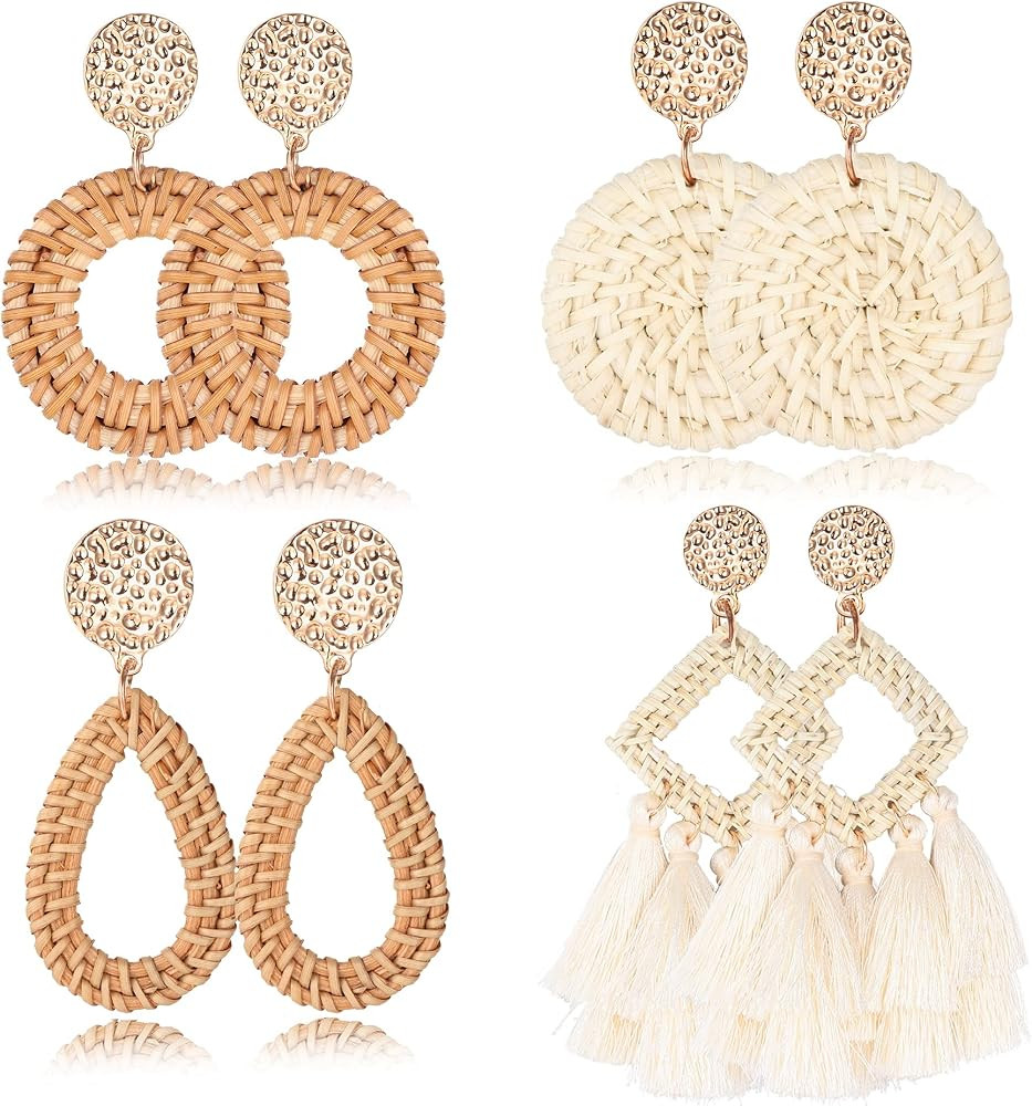 FINREZIO 4Pairs Clip On Dangle Earrings Lightweight Geometric Statement Tassel Woven Bohemian Straw  | Amazon (US)