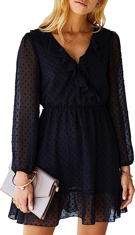 Women Chiffon Dress V Neck Long Sleeves Polka Dot a Line Short Dress with Ruffle Hem | Amazon (US)