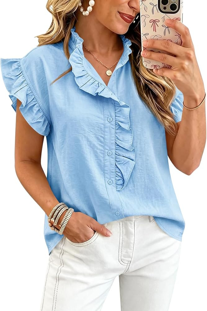 Tankaneo Womens Ruffle Cap Sleeve Button Down Shirts Summer Dressy Casual Blouses Loose Fit Cute Tops | Amazon (US)