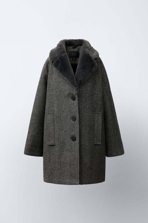 HERRINGBONE WOOL BLEND COAT WITH FAUX FUR COLLAR | Zara US