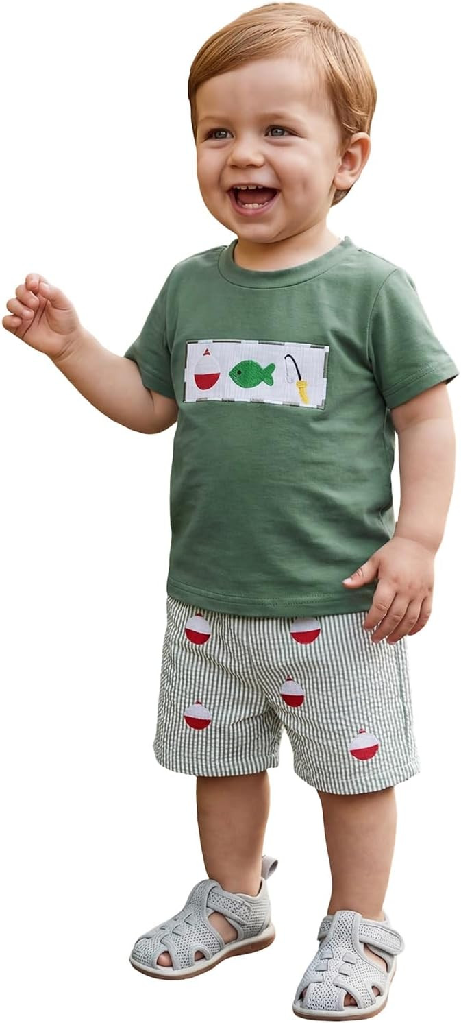 Toddler Baby Boy Summer Outfits Short Sleeve Embroidered T Shirt Tees + Striped/Plaid Shorts Infa... | Amazon (US)