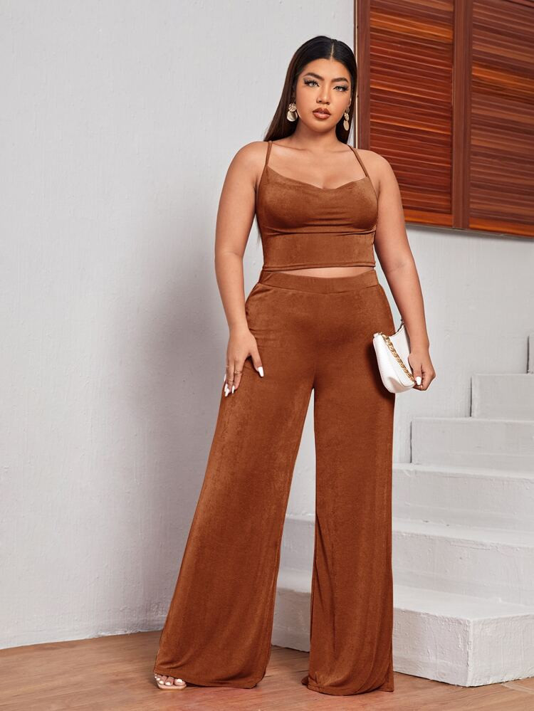 SHEIN SXY Plus Crisscross Cami Top And Wide Leg Pants Set | SHEIN