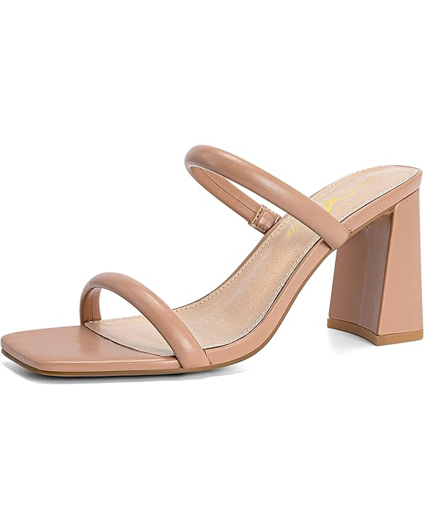 Athlefit Women's Square Open Toe Two Strap Heeled Sandals Slip On Block Chunky Heels Sandals | Amazon (US)