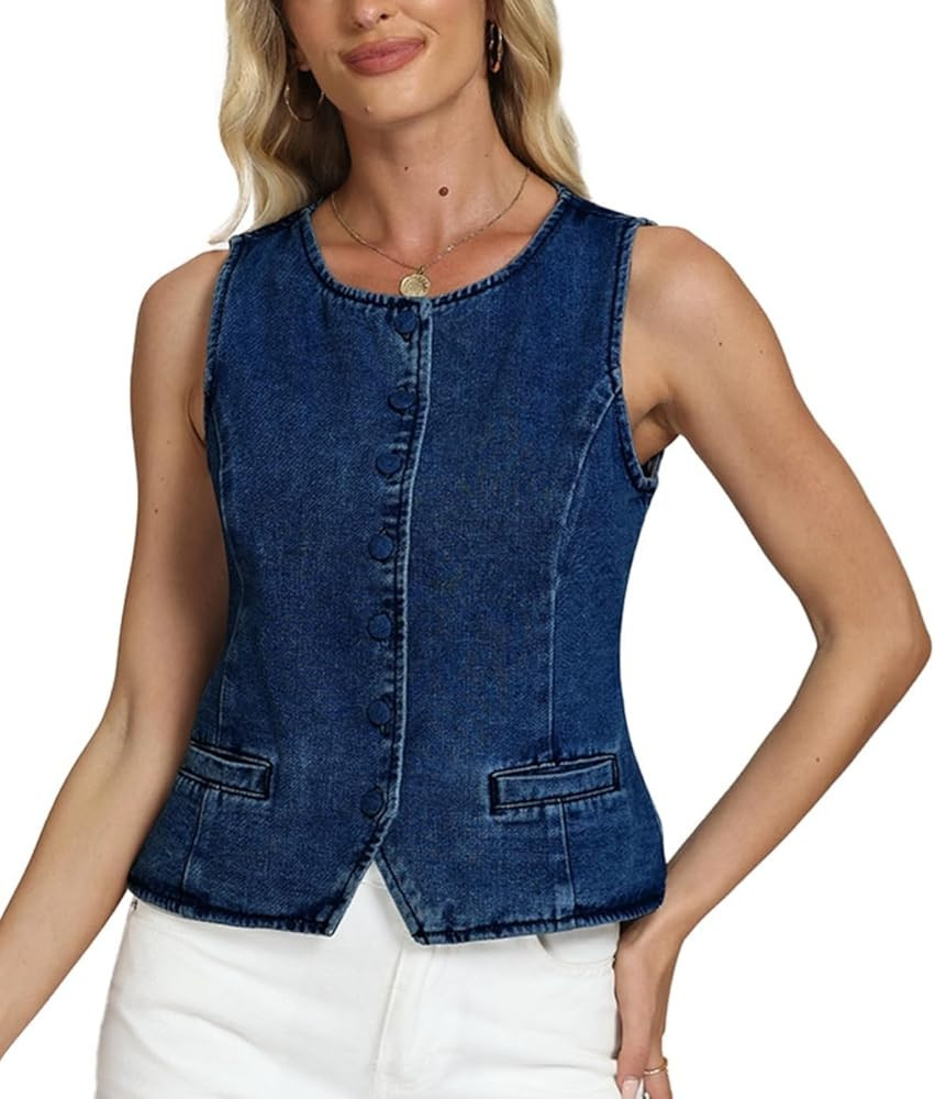 D-Sun Women Denim Vest Sleeveless Crew Neck Button Down Jean Vest Tank Tops Trendy Casual Jean Jacket Waistcoat | Amazon (US)