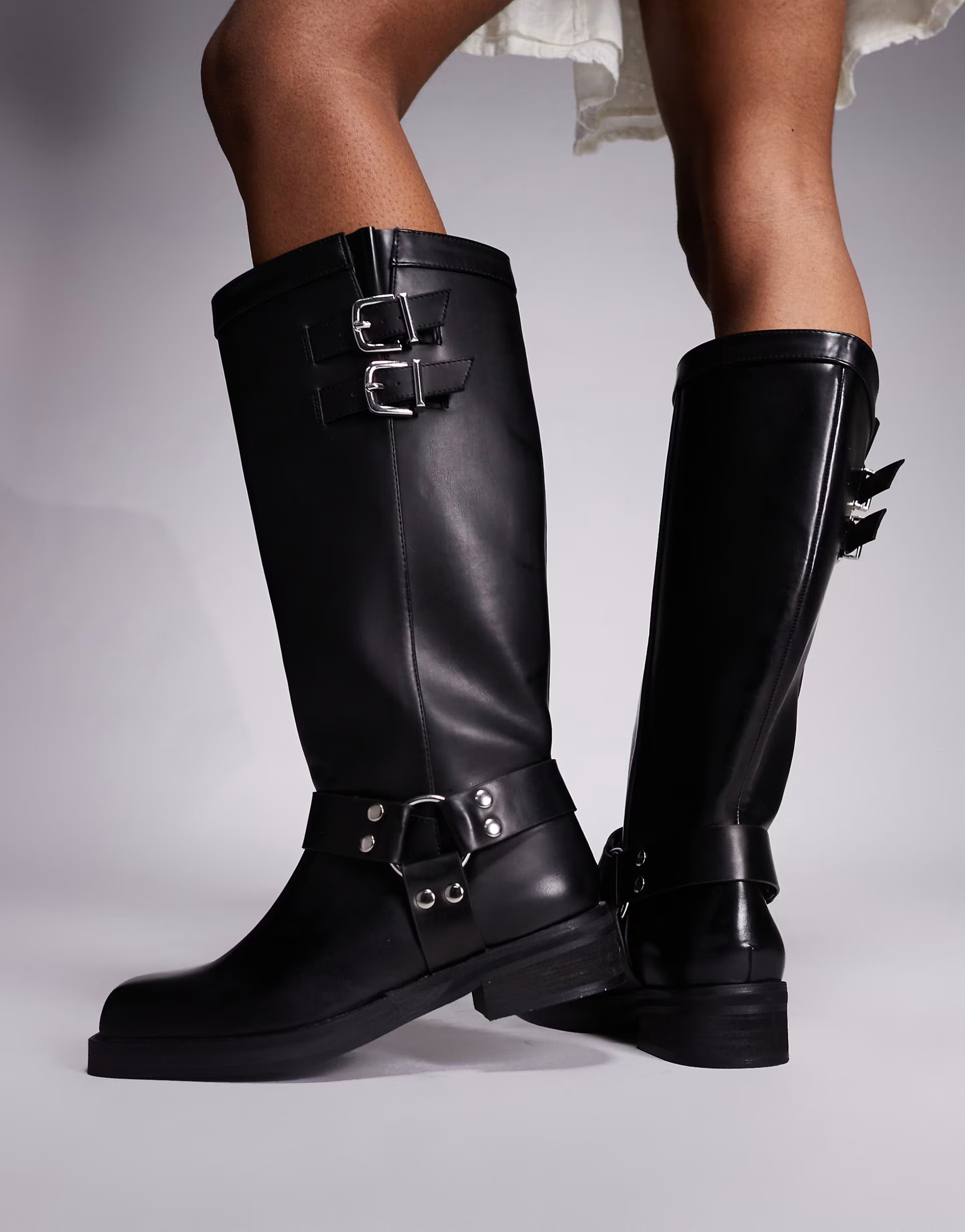 Public Desire Wide Fit Sirius flat harness knee boots in black | ASOS (Global)