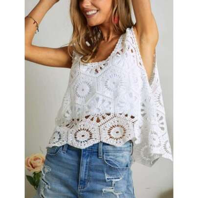 Womens Casual Boho Chic Crochet Lace Eyelet Medallion Pattern Sleeveless Tank Top White Summer Scalloped Hem Floral Cutout Design Loose Fit Beach Vaca | SHEIN