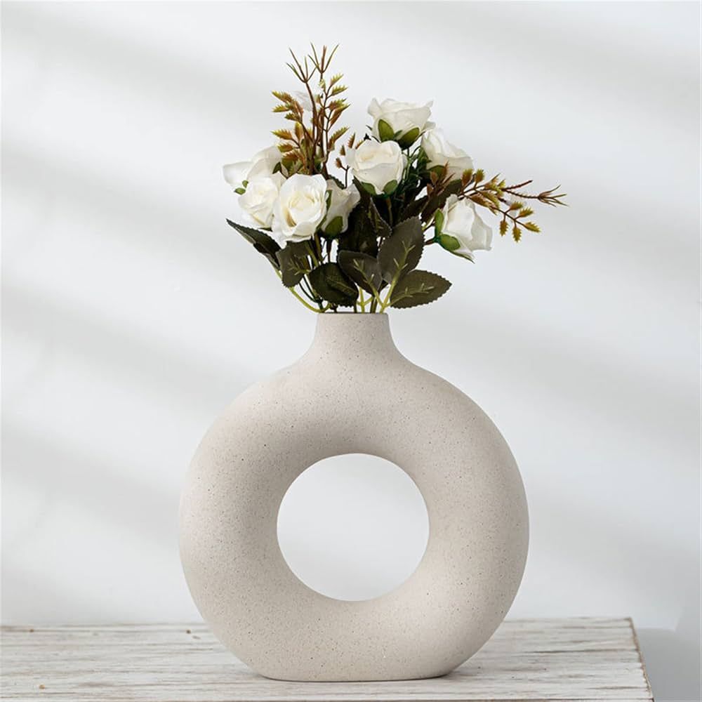 White Circle Ceramic Vase for Decor, Circular Matte ​Hollow Donut Flower Vases Decorative Minim... | Amazon (US)