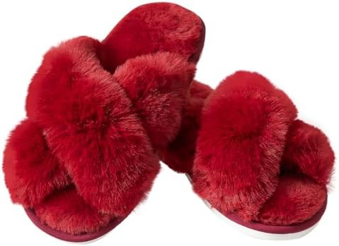 Women's Fuzzy Cross Band Slippers Indoor Outdoor Soft Open Toe House Slippers | Amazon (US)