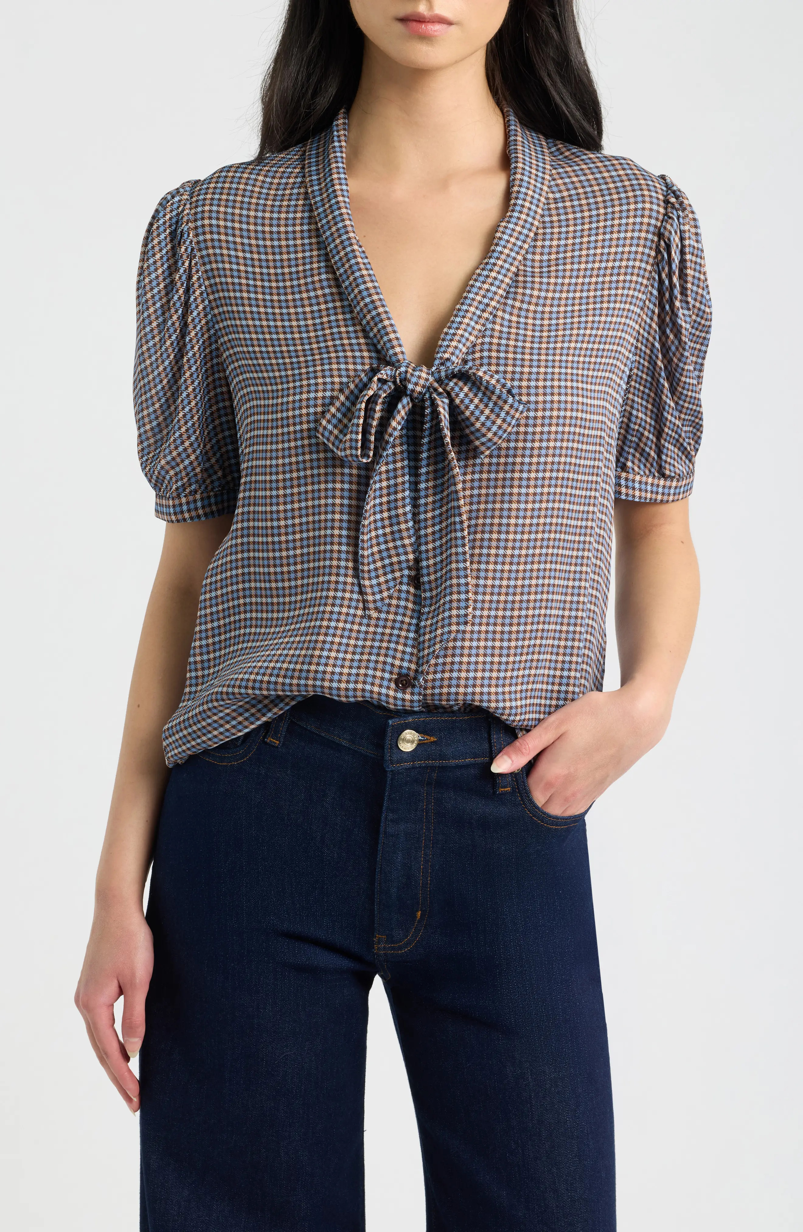 FRAME The Sonnet Silk Blouse in Chestnut Multi Plaid at Nordstrom, Size Small | Nordstrom