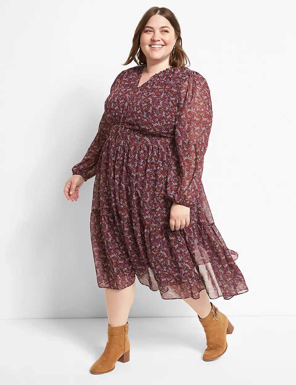 Blouson-Sleeve Tiered Midi Dress | Lane Bryant (US)