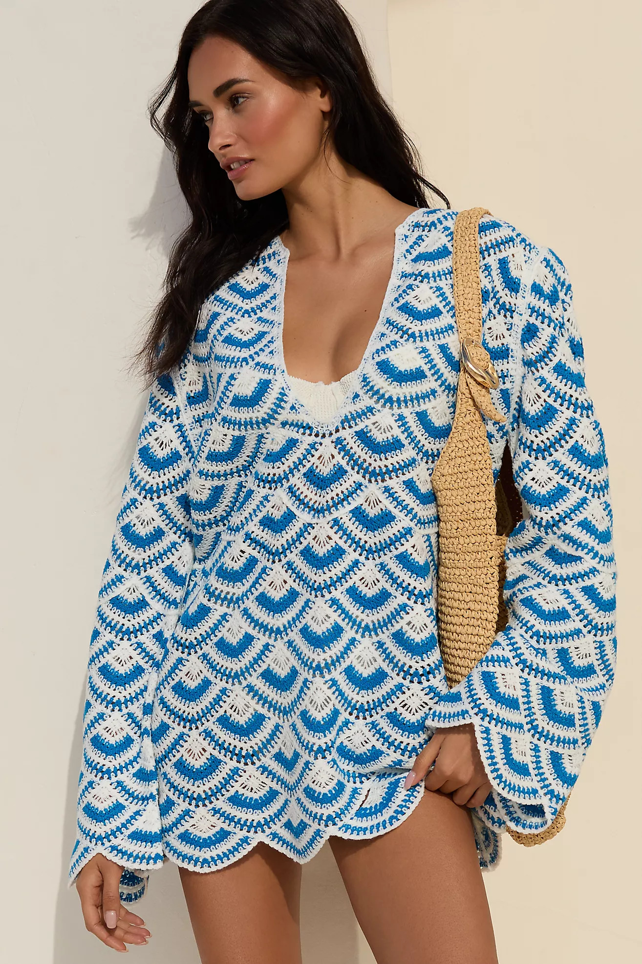 Celandine Crochet Long-Sleeve Mini Kaftan | Anthropologie (US)