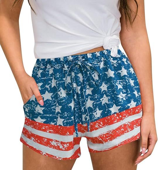 Spadehill Womens July 4th American Flag Shorts with Drawstring | Amazon (US)