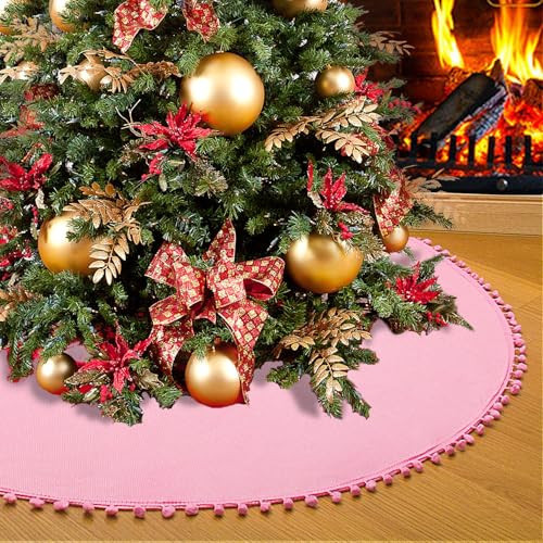 SevenFish Christmas Tree Skirt, Pink Christmas Tree Skirt 48 inches Soft Double Layer Burlap Tree Skirt with Pom Pom for Christmas Holiday Party Decorations | Amazon (US)