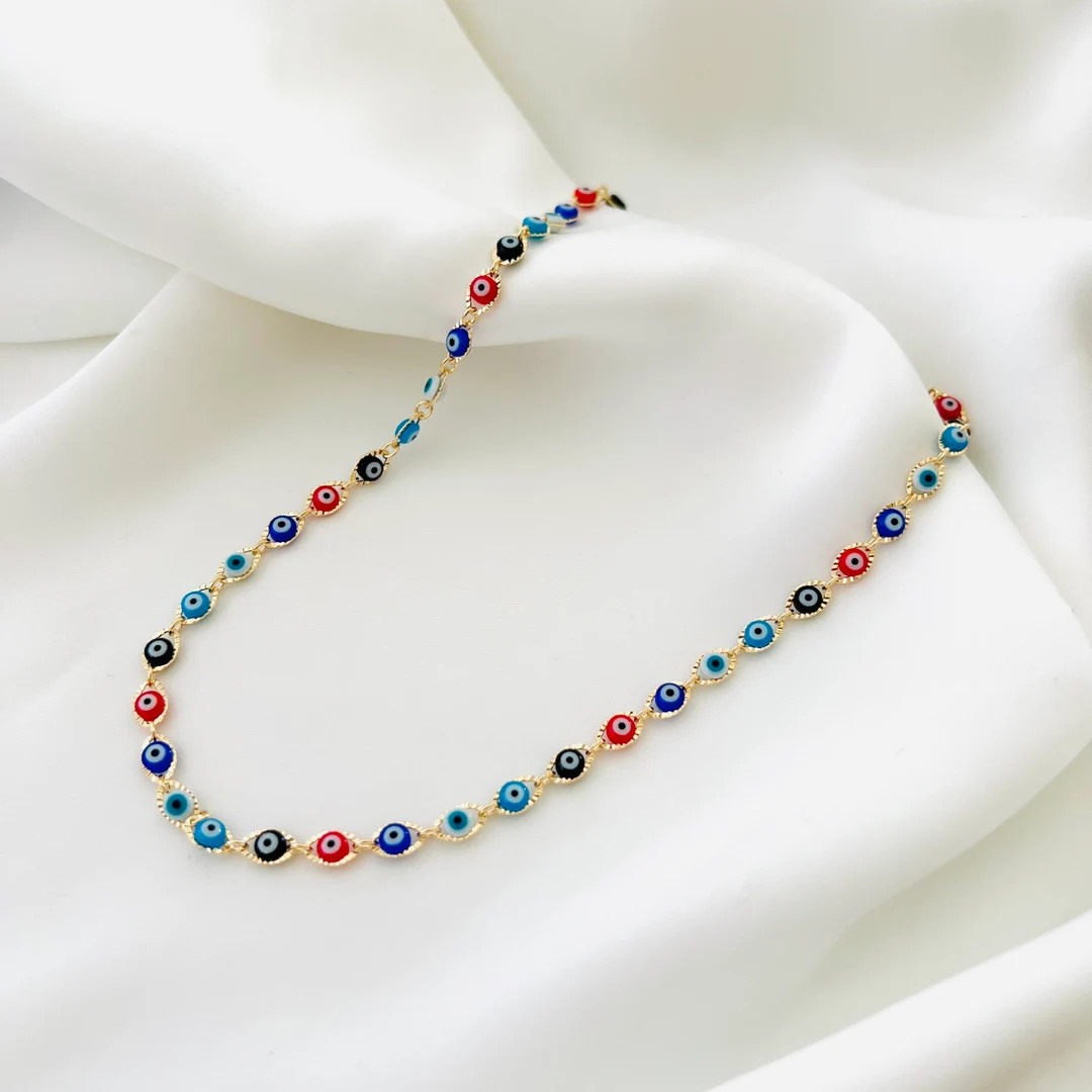 18k Gold Filled Multicolor Evil Eye Chain Choker, Evil Eye Choker Necklace, Colorful Evil Eye Cho... | Etsy (US)