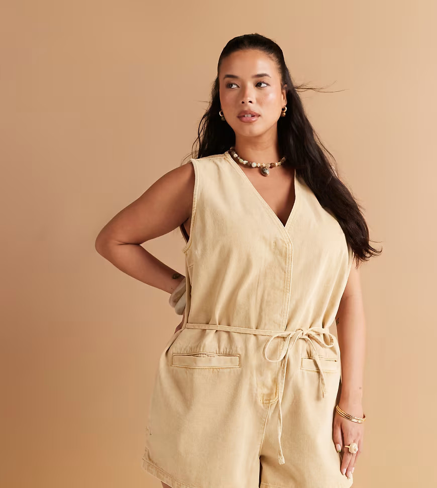 ASOS DESIGN Curve denim sleeveless playsuit with tie back in tan-Brown | ASOS (Global)