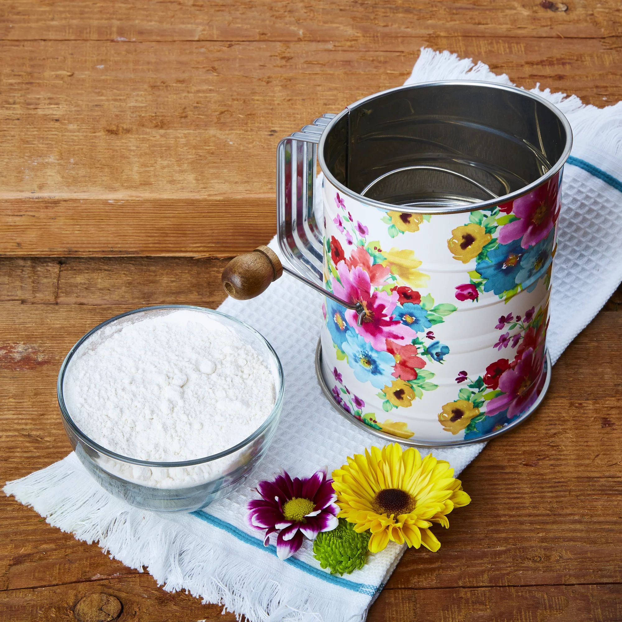 The Pioneer Woman Breezy Blossoms Stainless Steel Handheld Crank Sifter with Acacia Handle | Walmart (US)