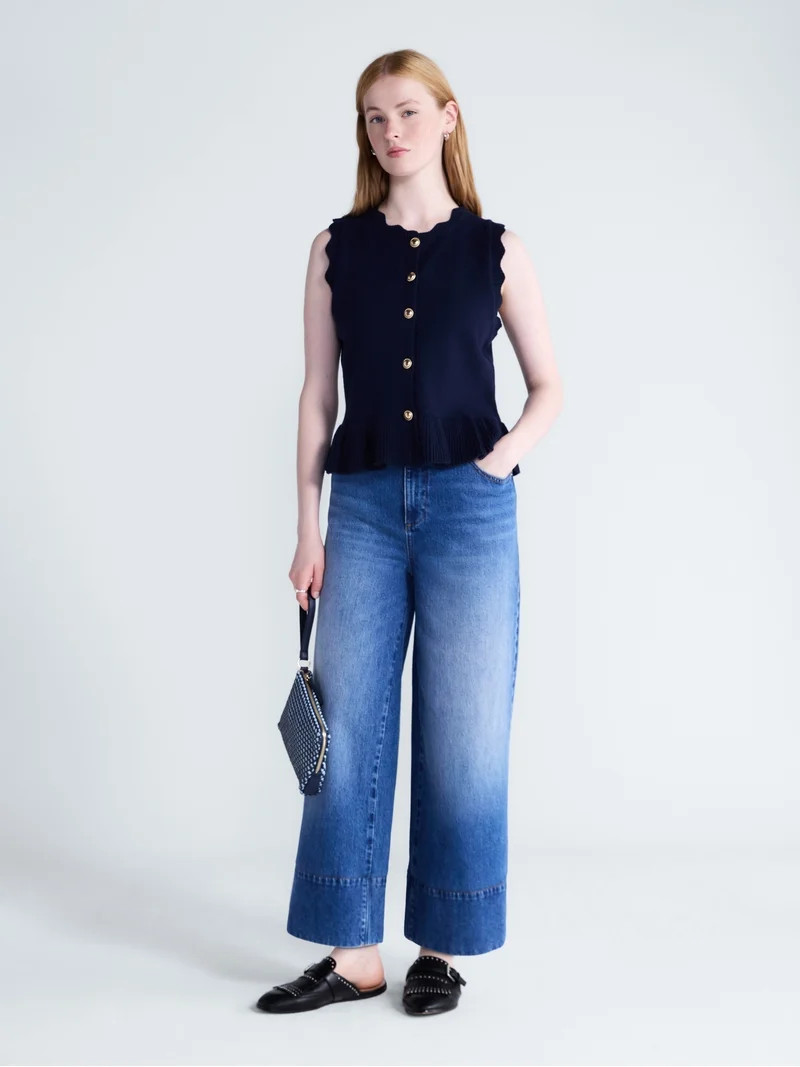 Free Assembly Women's Scalloped Trim Peplum Hem Sweater Vest, Lightweight, Sizes XS-XXL | Walmart (US)