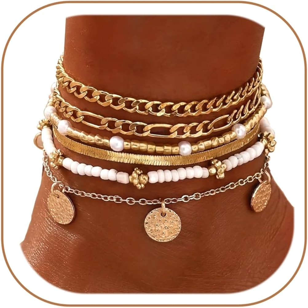 FAXHION Gold Anklets for Women Waterproof, Adjustable Boho Stacking Dangle Coin White Bead Cuban ... | Amazon (US)
