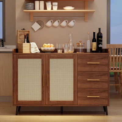 47.12" W Coffee Bar Wine Cabinet With 14-grid Wine Rack, 3 Drawers, Woven Rattan Doors, Multi-purpose Home Bar & Liquor Bar For Kitchen And Living Roo | Wayfair North America
