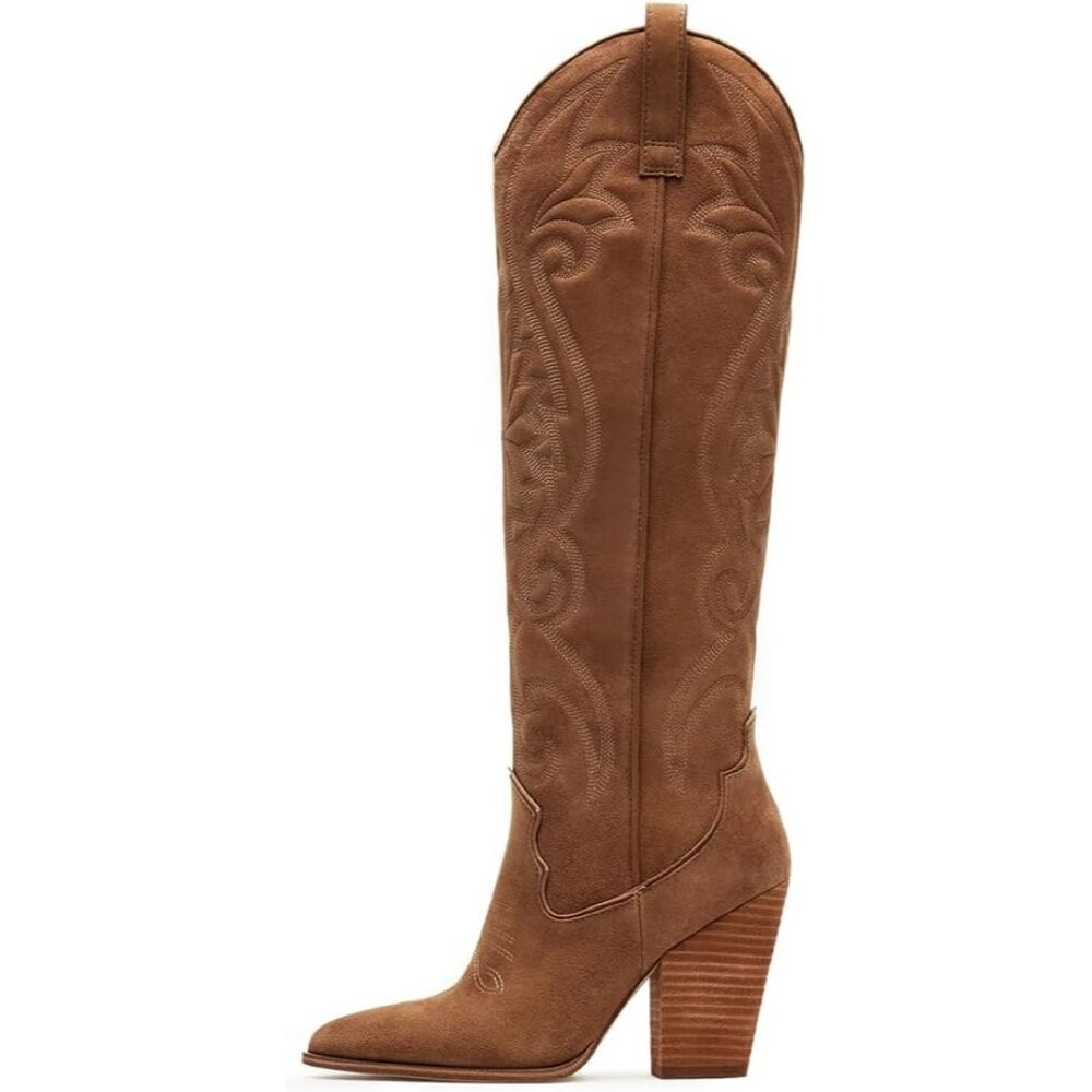 \u26a1Women Brownsuede Imported Pointed Toe Chunky High Heels Pull-on Western Boots | Poshmark