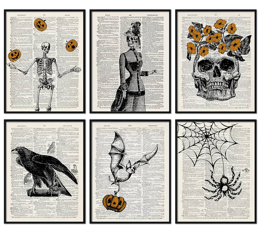 Whaline 6Pcs Halloween Skeleton Wall Art Prints 11 x 14 Inch Spooky Gothic Wall Art Poster Bat Wi... | Amazon (US)
