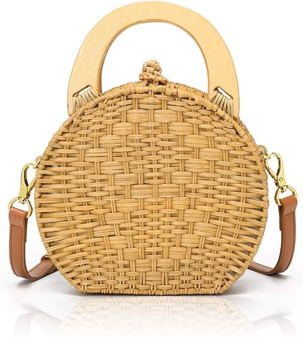 Hand-Woven Round Rattan Wooden Handle Tote Bag Summer Beach Straw Crossbody Bag Shoulder Bag with... | Amazon (US)