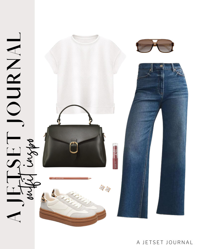 This white short-sleeve top and jeans match beautifully with a black top-handle bag from SUNLIGHT LEAVES and Project Cloud’s platform sneakers. These retro aviators and this pair of stud earrings complement the fit. 

#LTKSeasonal #LTKSaleAlert #LTKTravel 

 