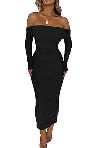 PRETTYGARDEN Women's Fall Off Shoulder Maxi Bodycon Dress Long Sleeve Ruched Fitted Club Dresses with Slit (Black,Medium) | Amazon (US)